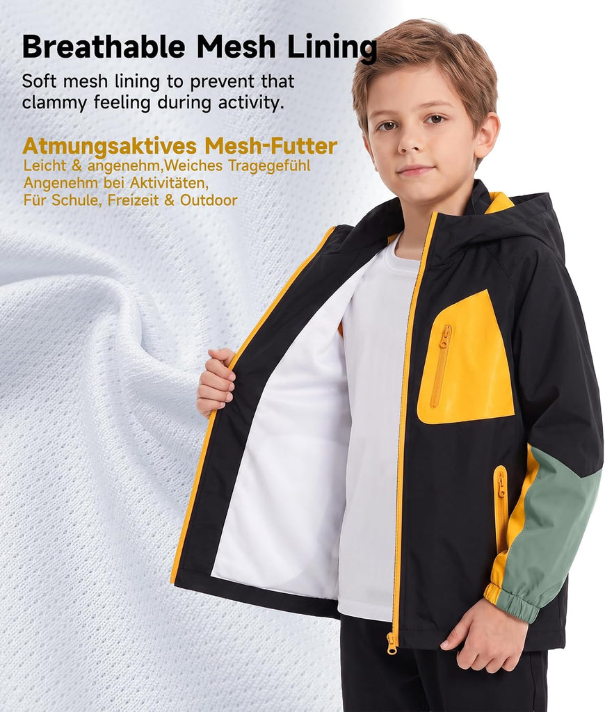 Boys Rain Jacket Waterproof Windbreaker with Hood Mesh Lined