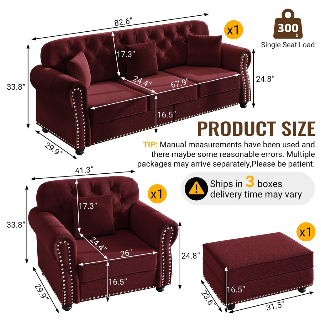 2-Piece Chesterfield Sofa Set with 1 Velvet 3-Seater Sofa & 1 Single Sofa, Upholstered 4-Seater Couch Set with