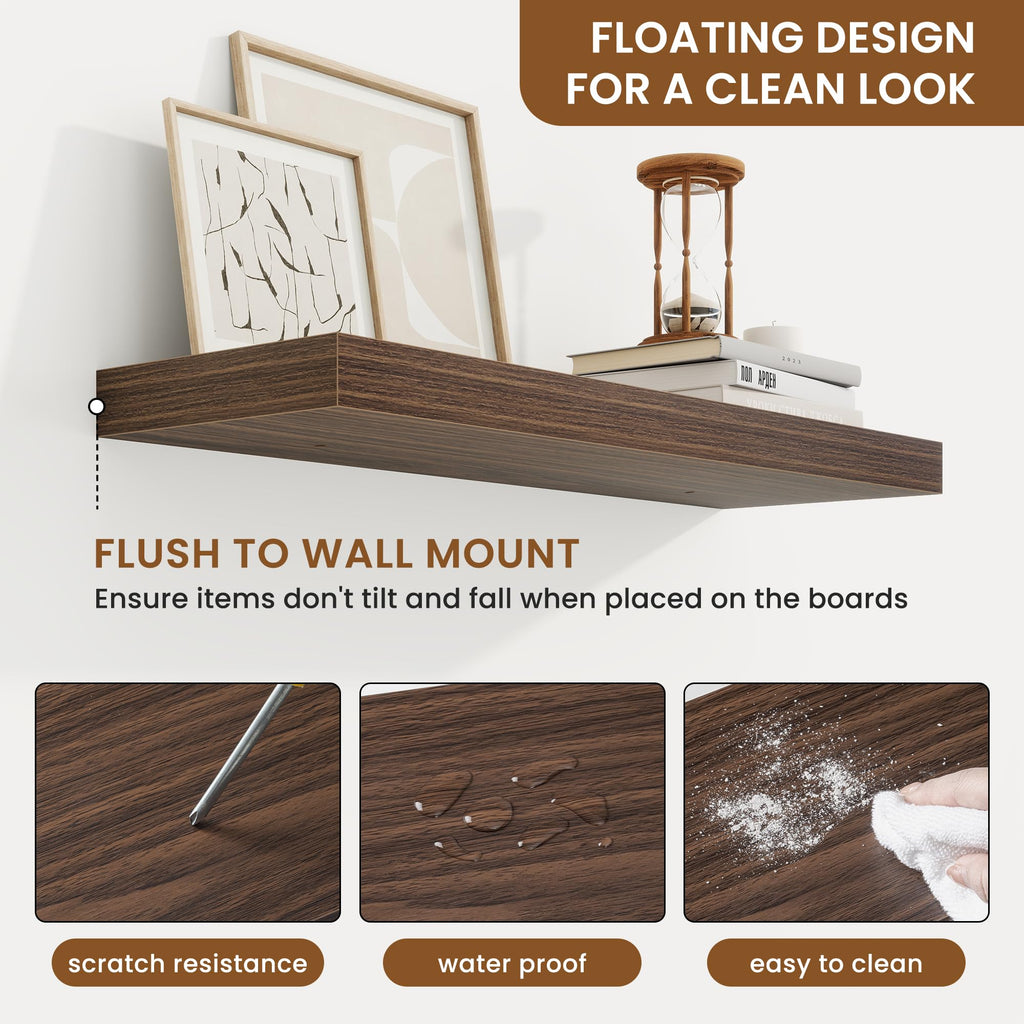 Floating Shelves for Wall, Wall Mounted Wood Shelves, Walnut, Set of 2, 24"