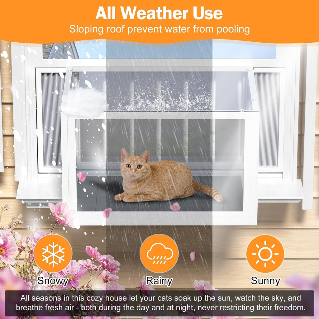 Cat Window Box Catio, Outdoor Indoor Cat Enclosure with Clear Panels, Mesh Sides & PVC Curtain, Universal Window