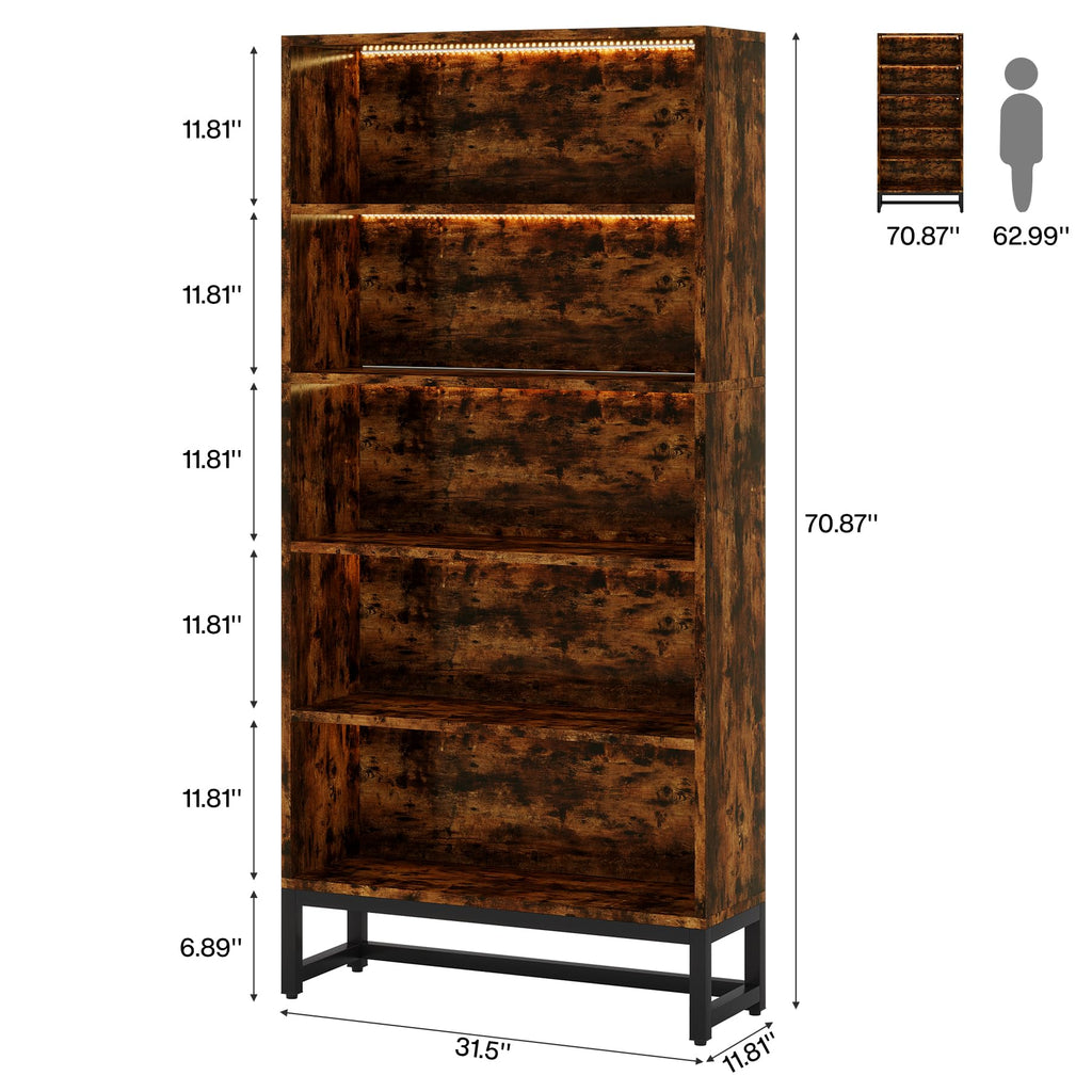 Tall Bookcase and Bookshelf, 70.8" Large Bookcases Organizer with LED Lights, Heavy Duty Free-Standing Library