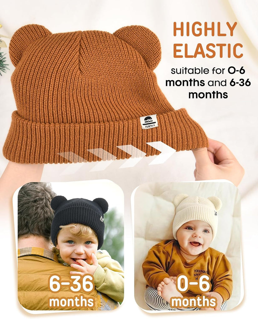 Baby Beanie with Bear Ear Warm Knit Winter Hat for Infant Toddlers