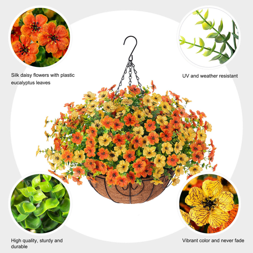Artificial Fake Hanging Mums Plants Flowers Basket for Fall Autumn Outdoor Decor, Faux Silk Orange Dasiy Flower Look