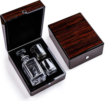 Whiskey Decanter Set with Premium Wood Gift Box: 2 Rock Glasses, Crystal Glass Decanter, Bourbon, Whiskey, Gifts - Set of 5