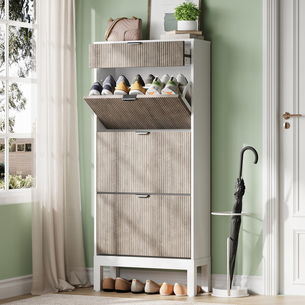 Fluted Shoe Storage Cabinet with 3 Flip Drawers, White+Grey