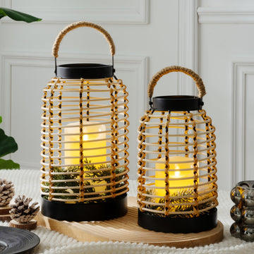Handwoven Rattan Lantern Set, Straw Handle, Boho Style, Patio Lanterns.