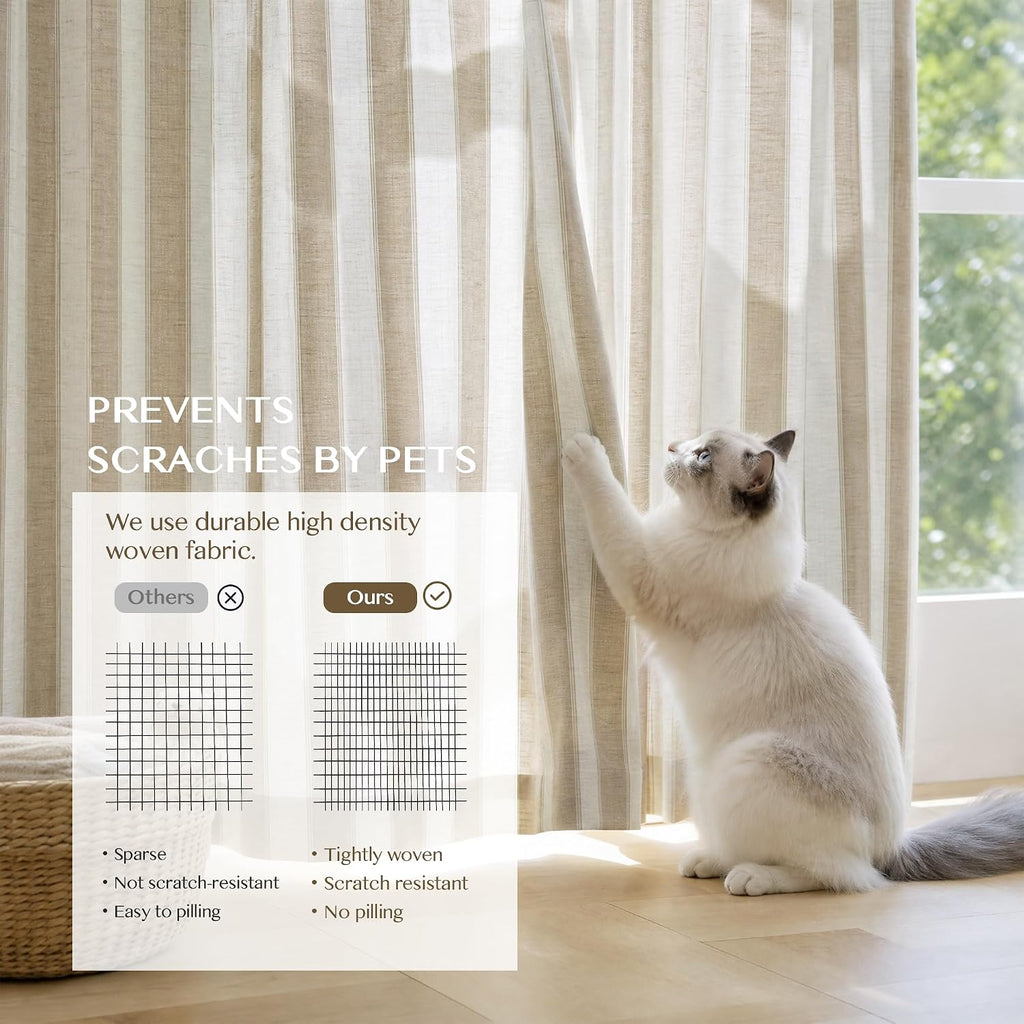 Beige Stripe Pinch Pleated Curtains 84 inches, Linen Blend Light Filtering Gingham Drapes with Memory Pleats for Living Room Bedroom, 2 Panels