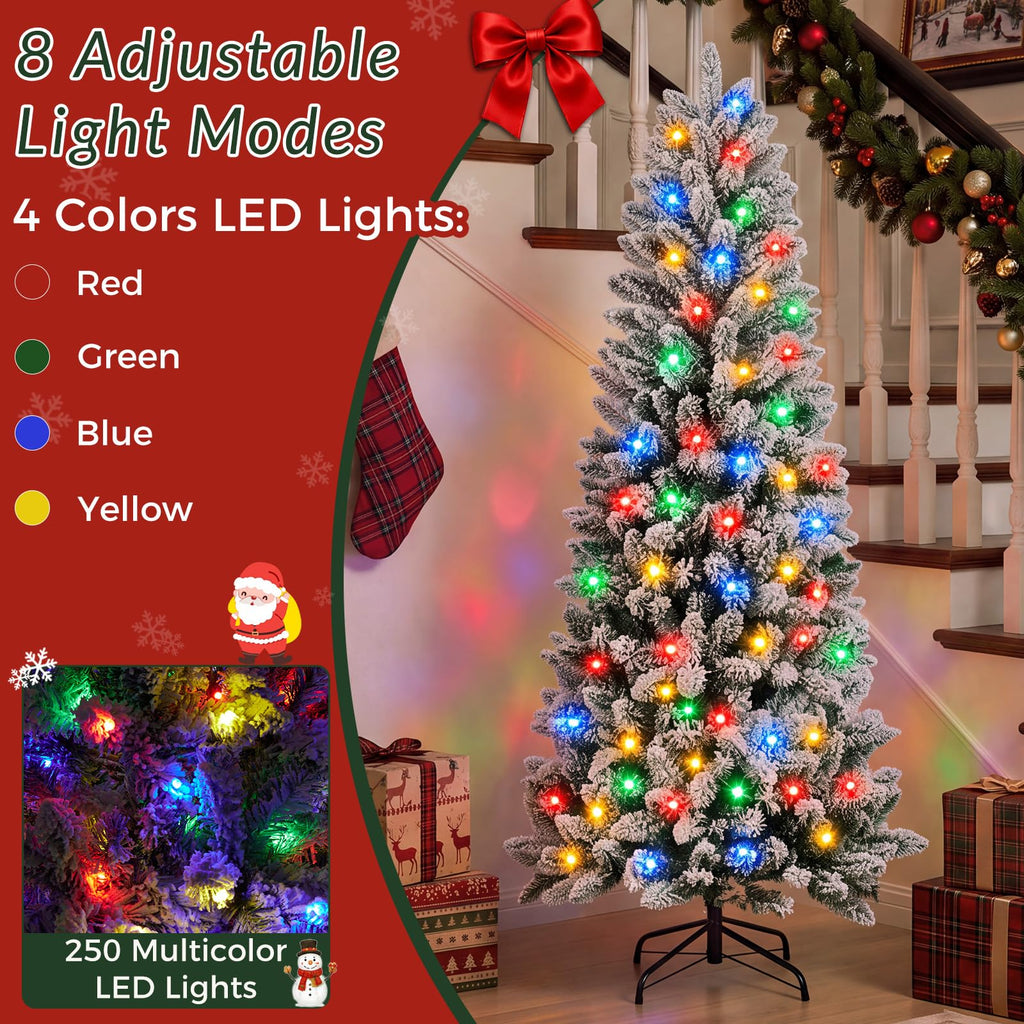 6 Ft Snow-Flocked Pre-Lit Christmas Tree, Multicolor Lights