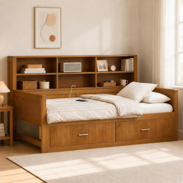 Twin Size Daybed with Storage Shelves Bookcase and Drawers, Walnut