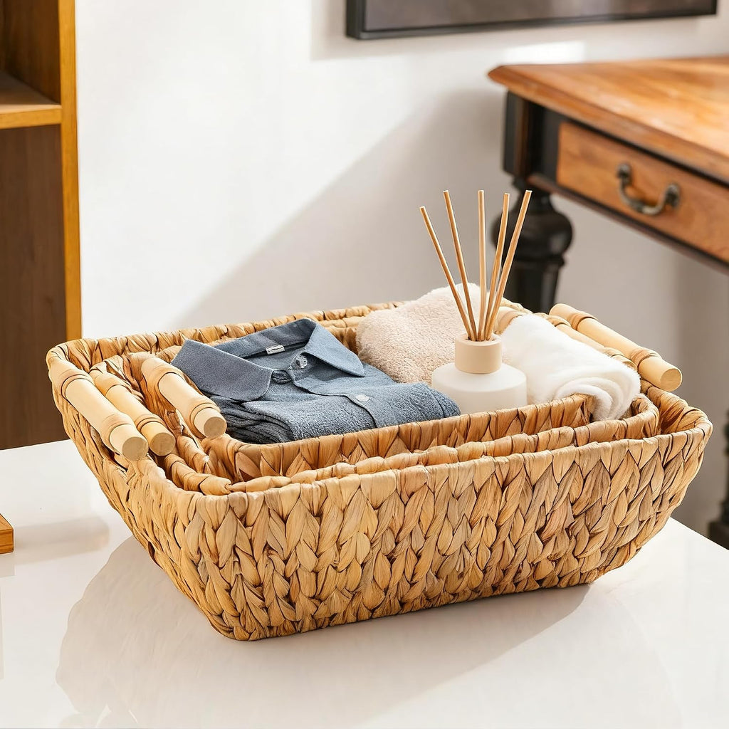 Woven Storage Baskets - Set of 3 Handwoven Water Hyacinth Wicker Baskets with Wooden Handles for Organizing