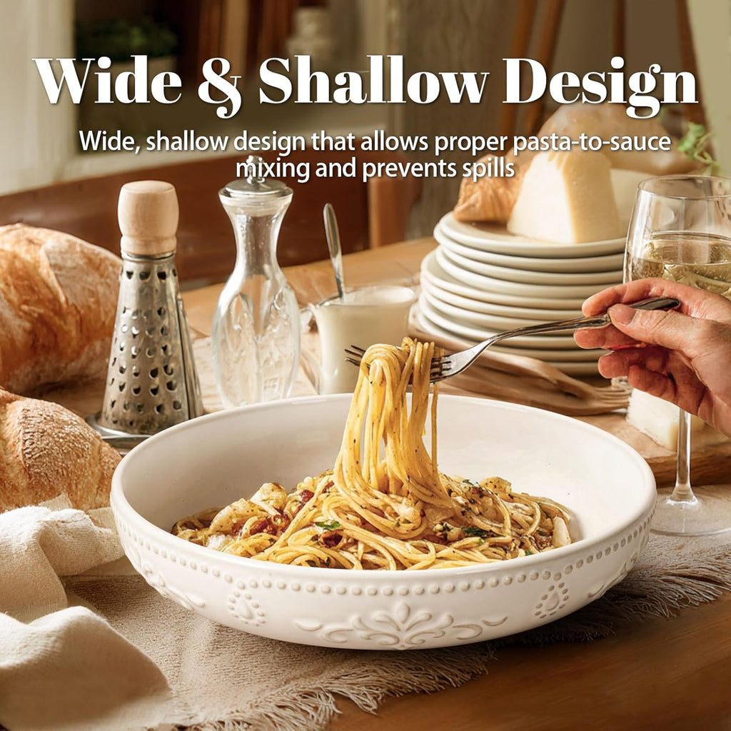 Pasta Bowls, 50oz Large Salad Serving Bowls, 9.75'' Plates Bowls Set of 4, Big White Ceramic Soup Bowls , Embossment