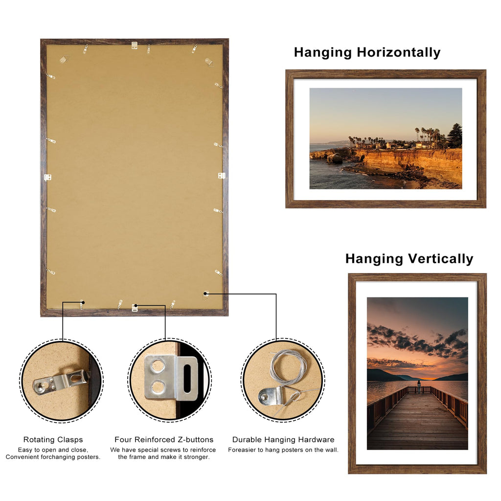 24x36 Poster Frame Set of 2, 24 x 36 Wood Picture Frames with Mat for 20x30, Wooden Photo Frame with Tempered Glass
