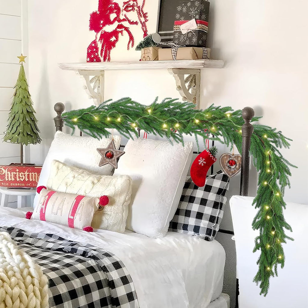 6Ft Artificial Norfolk Pine Garlands, Real Touch Winter Pine Garland, Green Artificial Greenery Garland - Set of 2
