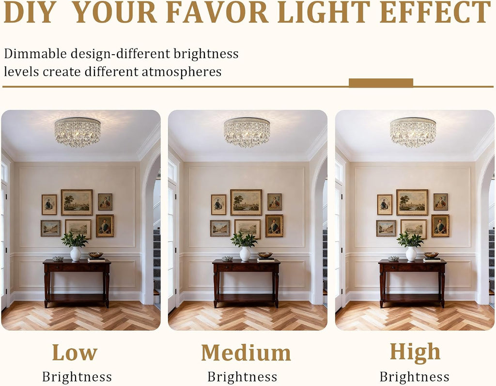 4 Lights Crystal Chandelier, Modern Drum Ceiling Light Fixture Lamp, Raindrop Flush Mount Round Metal Shade, for