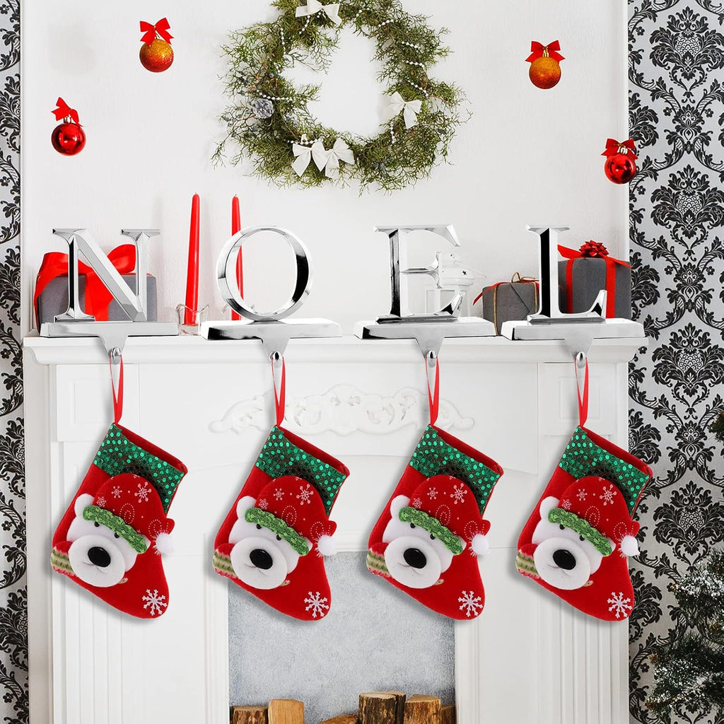 Set of 4 Christmas Stocking Holders Noel Metal Stocking Hangers Mantel Hook Hangers Fireplace Stocking Hooks for