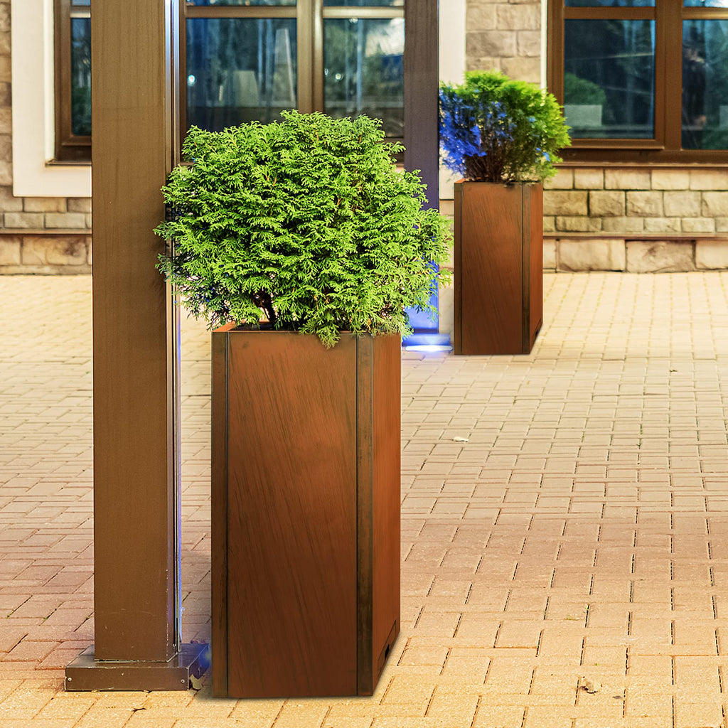 Pre-Rusted Steel 30''H Planter Box, Weathering Steel Planter Box, Rustic Finish Metal Tall Rectangular Plant Pot