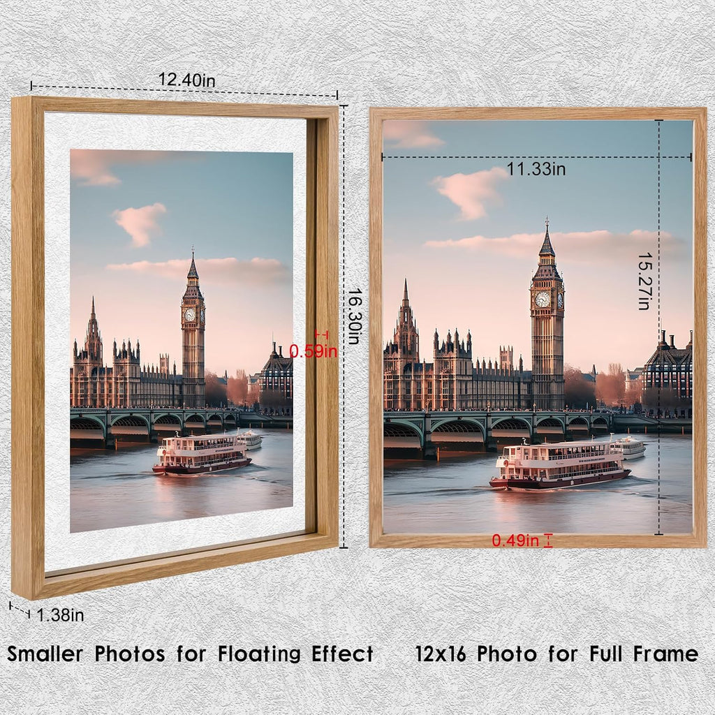 12x16 Floating picture Frames Set of 2,Double Glass Frame,Display Any Size Photo up to 12x16,Wall Mount or Tabletop