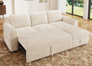 Corduroy Sectional Sleeper Sofa with Pull Out Bed & Storage, Beige