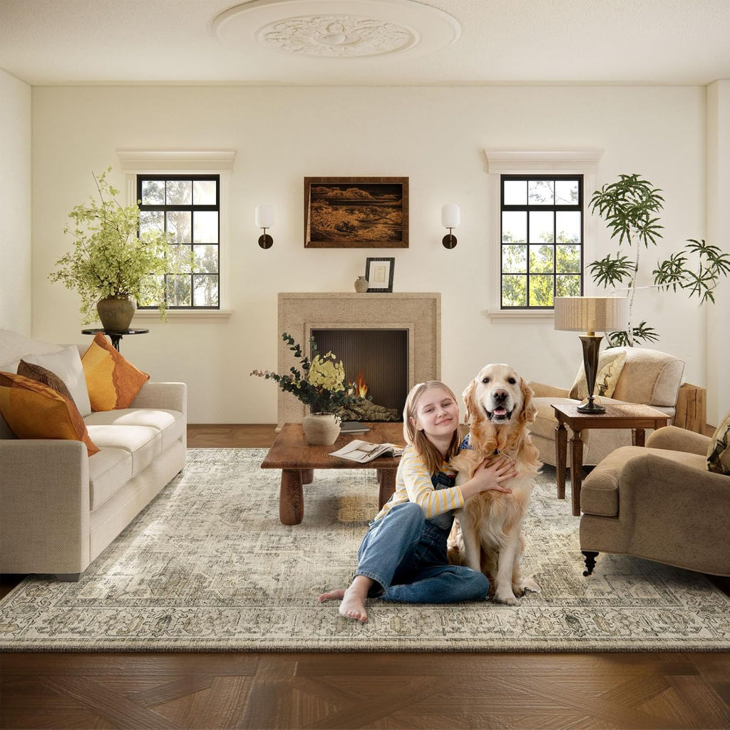 Washable Area Rugs for Living Room: 9x12 Bedroom Area Rugs Boho Vintage Rugs Stain Resistant Non Sli