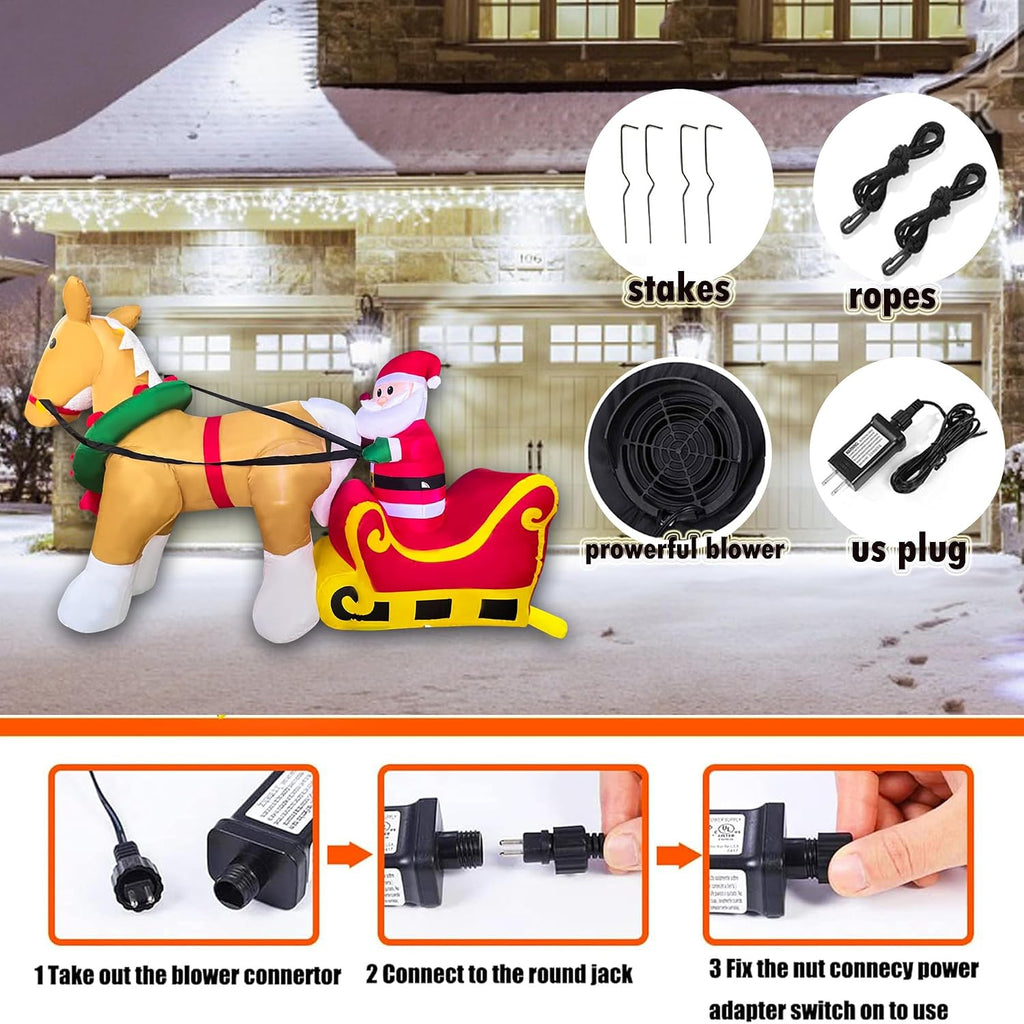 7FT Christmas Inflatables Santa Claus on Sleigh with a Horse Decorations, LED Lighted Xmas Christmas Blow up Yard