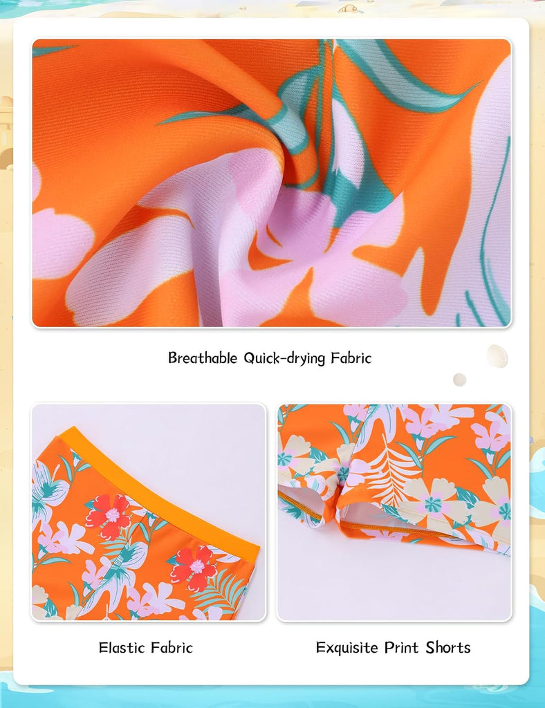 Girls Tankini Swimsuit Solid Ruched Side Square Neck Top with Tropical Printed Shorts 2 Piece Girls Bathing Suits