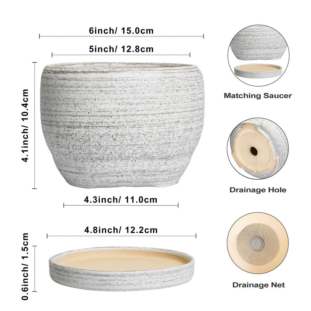 Ceramic Planters for Indoor Plants - 6 Inch Plant Pot with Drainage Hole and Saucer, Small Ceramic Flower Pot, Round
