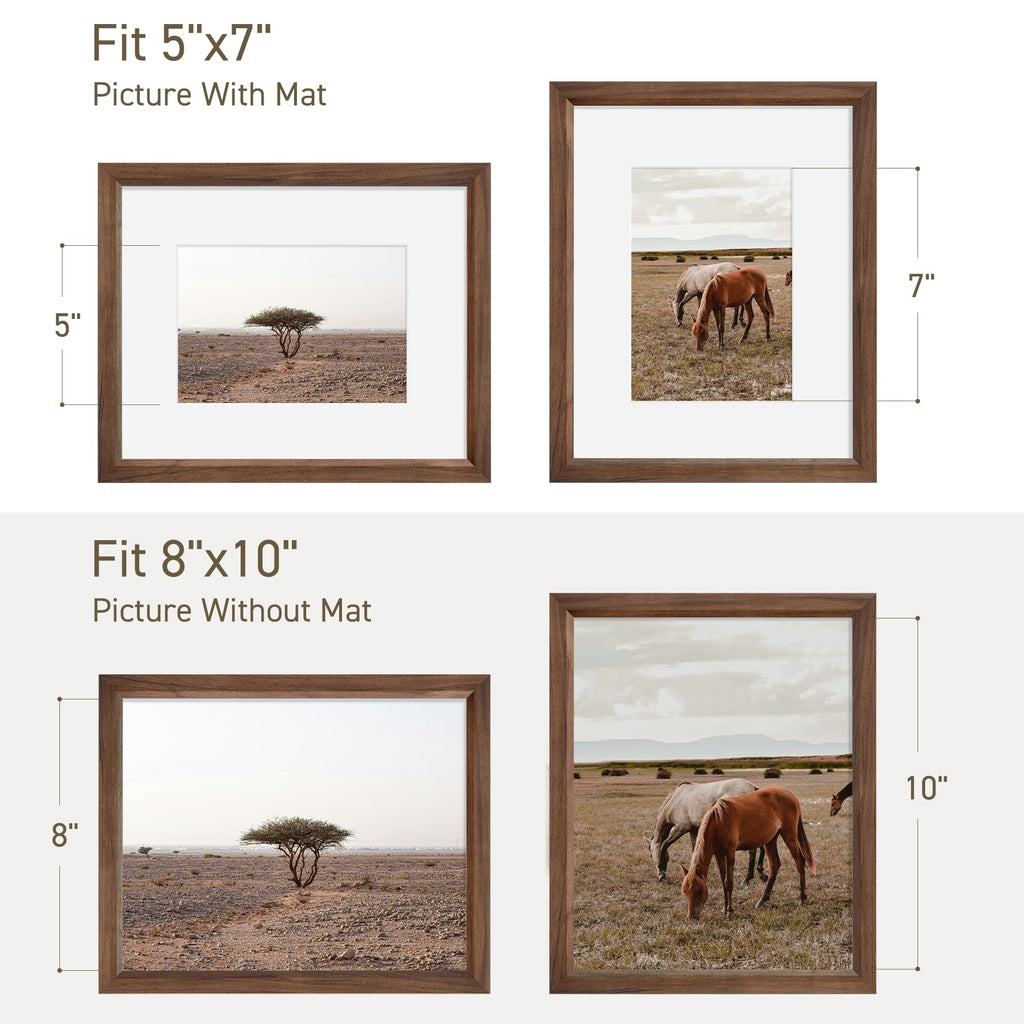 8x10 Picture Frame Set of 4 Natural Solid Walnut Photo Frames with 5x7 Removable Mat Wall Hanging Large Handcrafted