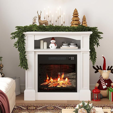 32 Inch Electric Fireplace with Mantel, Freestanding Wooden Fireplace Surround with 18 Inch Insert Heater, 3 Flame Effects, Remote Control, Timer and Overheat Protection, White