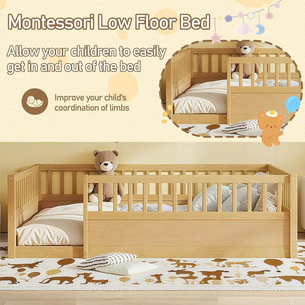 Full Size Floor Bed Frame with 21.4" High Fence, Solid Wood Low Platform Montessori Floor Bed Full for Kids, No Box
