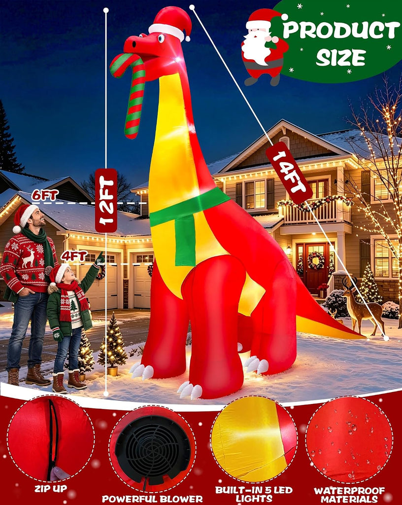 12 Ft Christmas Inflatables Dinosaur Outdoor Decorations, Giant Christmas Blow up,Built in LED Lights, Xmas