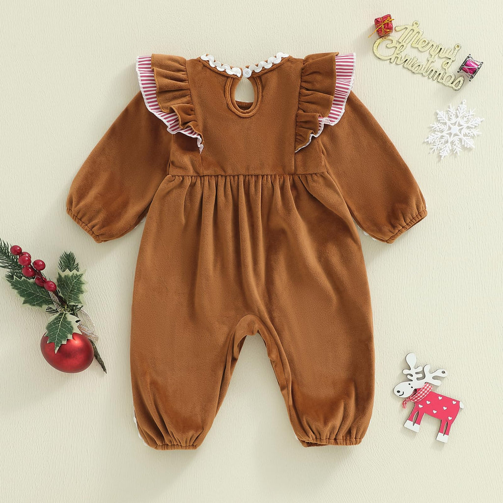 My First Christmas Baby Girl Outfit Gingerbread Man Romper jumpsuit Newborn Ginger Bread Bodysuit xmas clothes(Brown