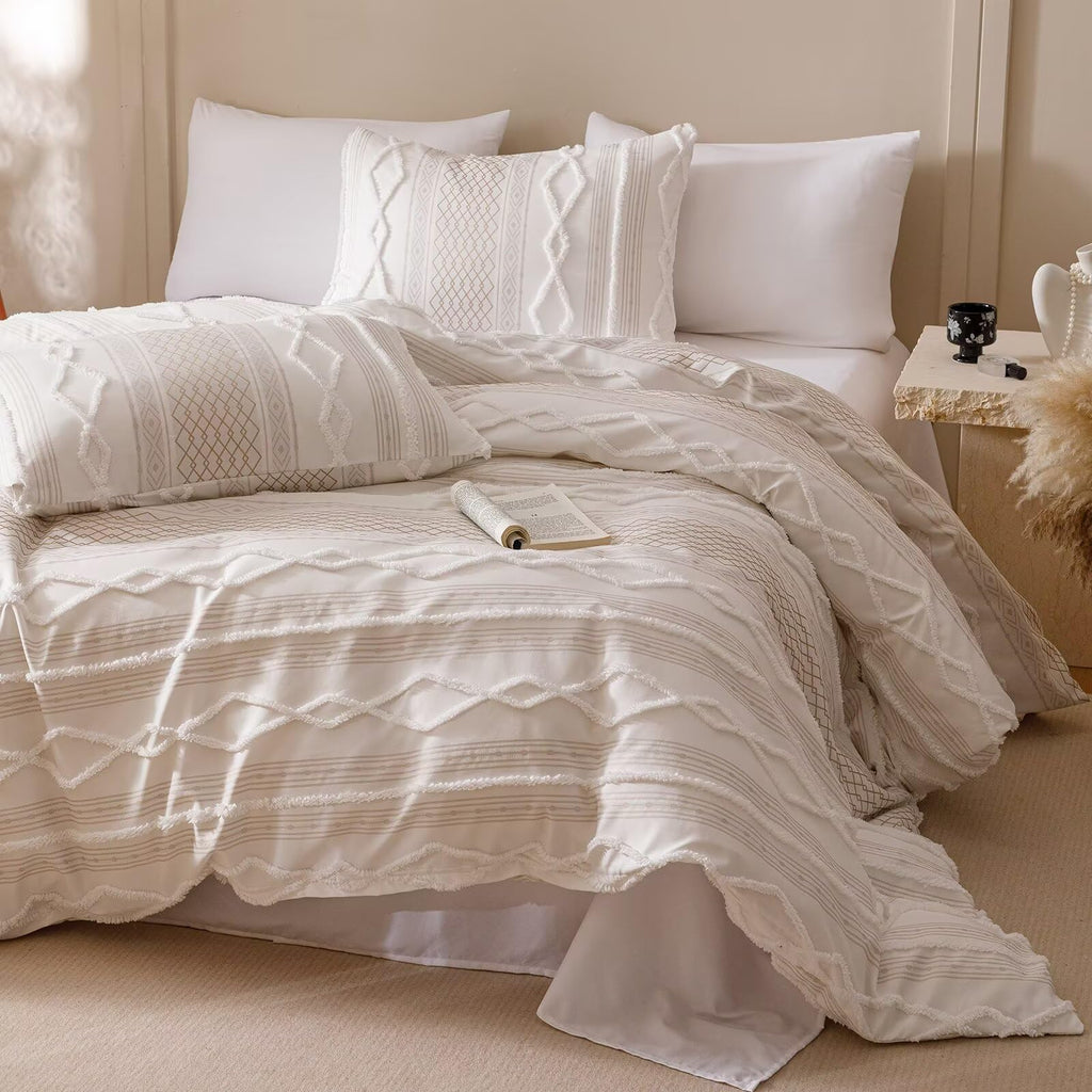 Tufted Comforter Set Queen Beige Jacquard Bedding Sets