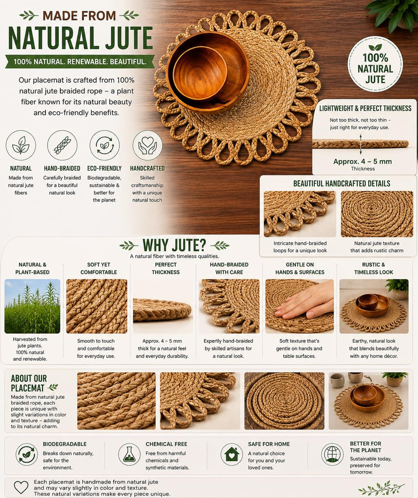 Jute Hand Braided Placemats Set of 6 | 15 Inches Round Tablemats | Just Roll It Once to Flatten and Enjoy | , Dining