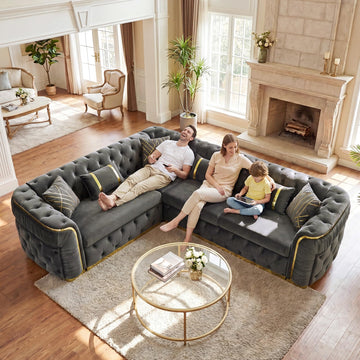 Oversize Luxury Sectional Couch 110.5" Chesterfield Sofa, Grey and Gold Sofas with Metal Accents, Victorian Curved