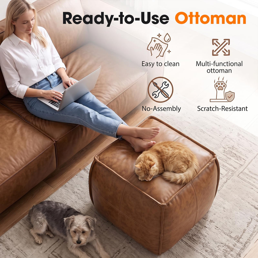 Genuine Leather Square Ottoman, Pouf (Brown, Square)
