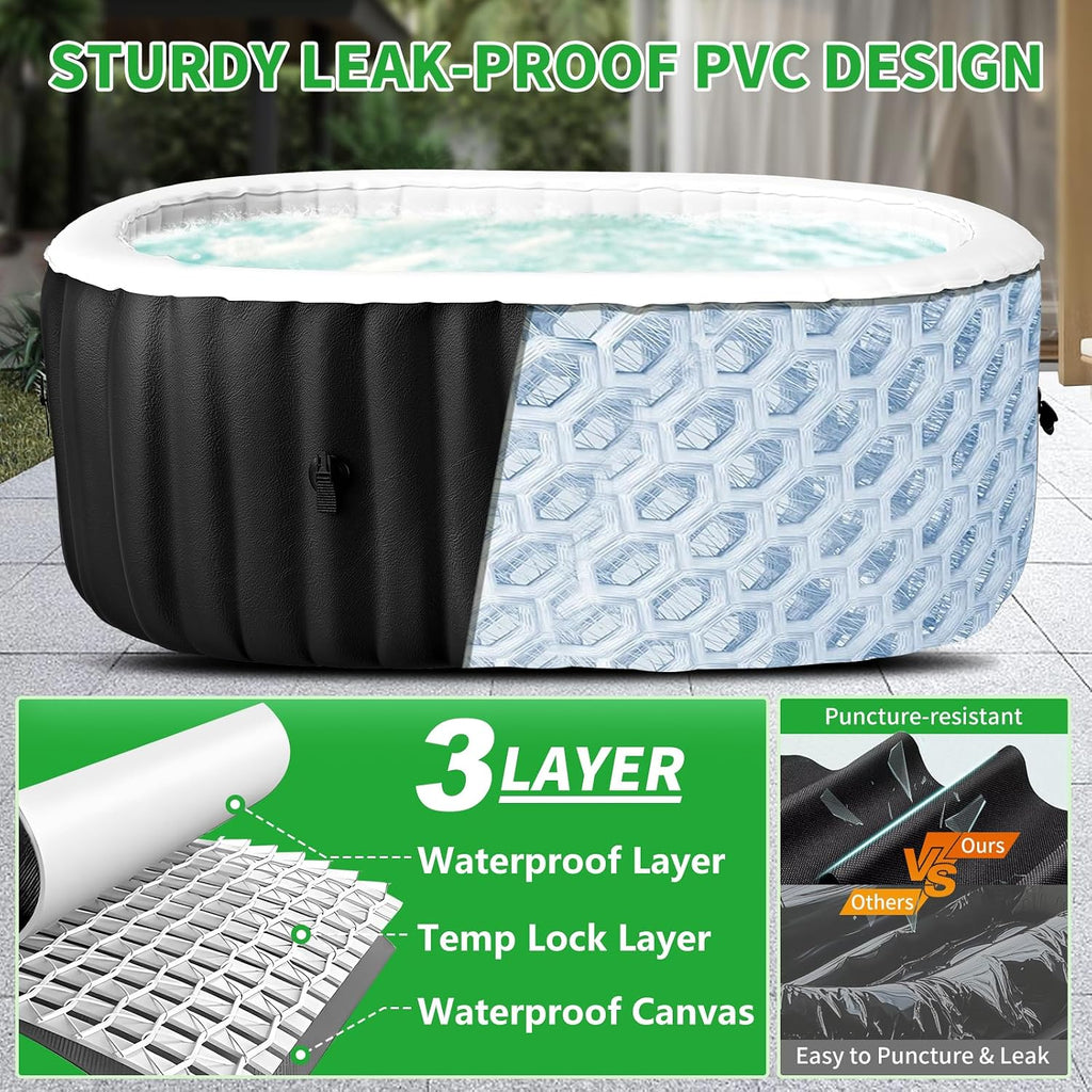 Inflatable Blow Up Hot Tub with LED Lights, 2 Person Oval Portable Hot Tub, Leak-Proof PVC Outdoor Spa with 100 Air