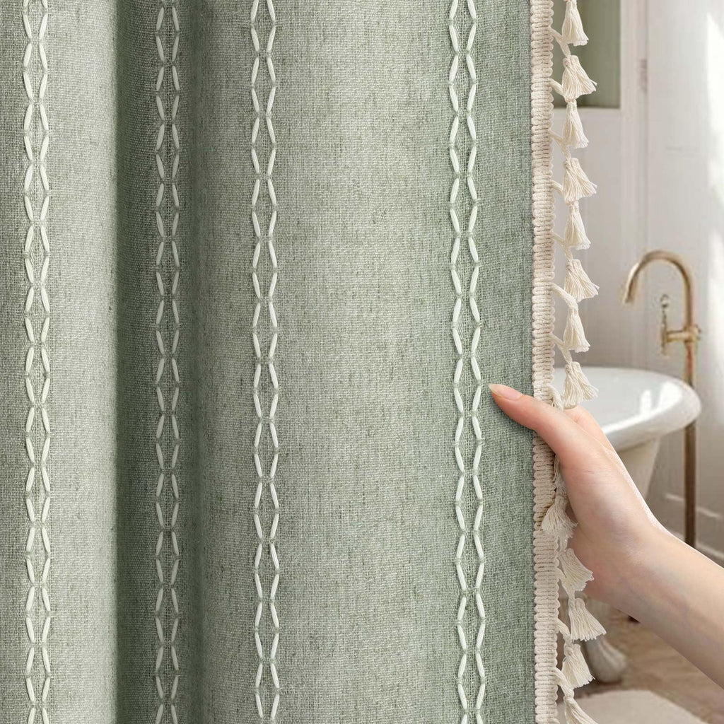 Sage Green Boho Linen Texture with Embroidery Woven and Tassel, 72" L X 72" W