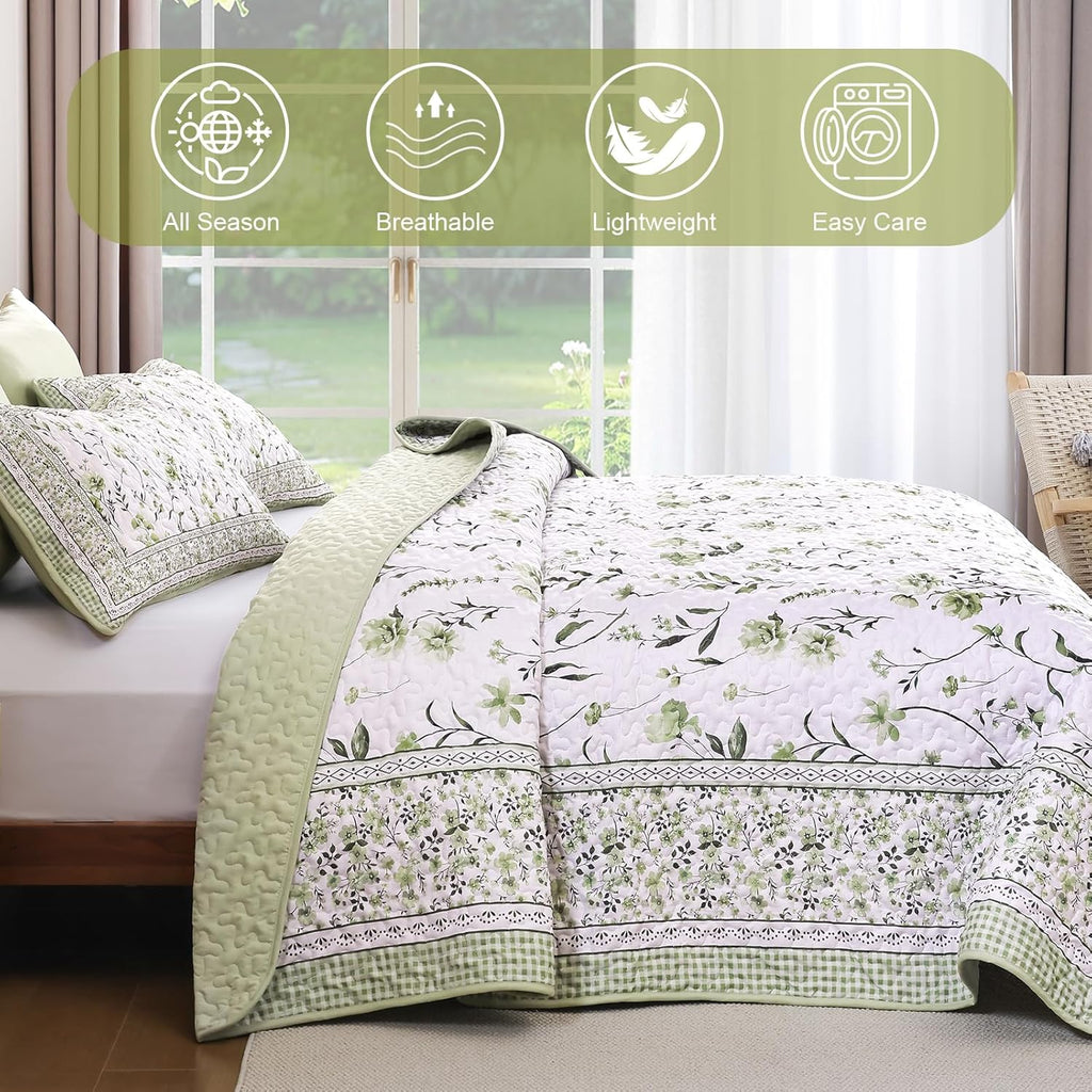 Floral Quilt Set King,Sage Green Bedspread Set with 2 Pillowcases, Microfiber Lightweight Flowers Botanical Coverlet
