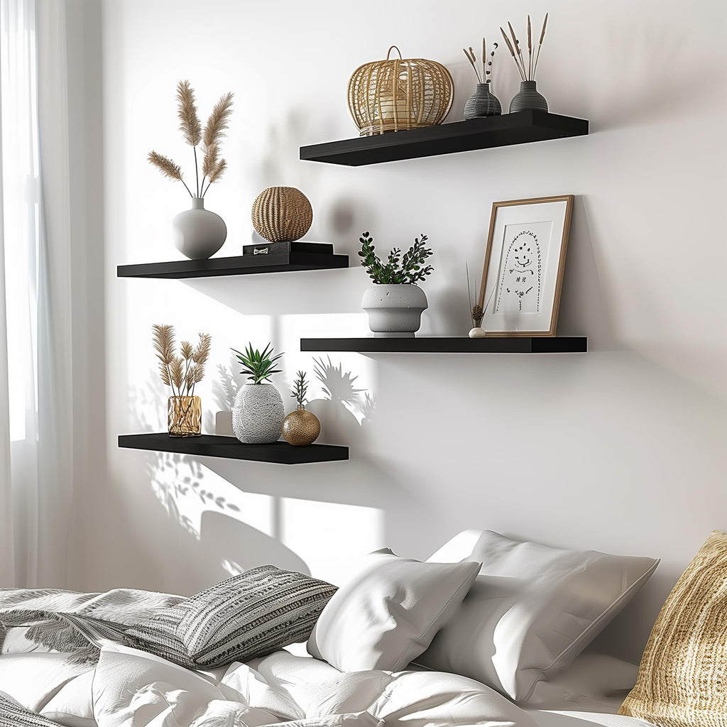 24 Inch Wood Floating Shelves for Wall, Wooden Wall Shelves, Set of 6 Black