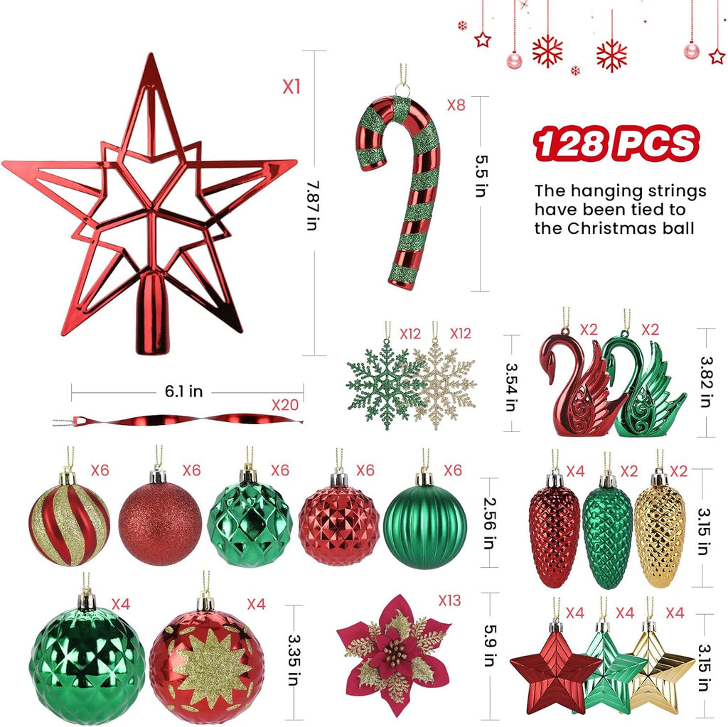 128pcs Christmas Balls Ornaments Set, Red, Green and Gold