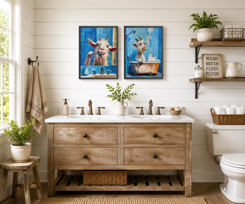 Funny Goat Bathroom Wall Art, Framed Canvas Set of 2, 12x16 in