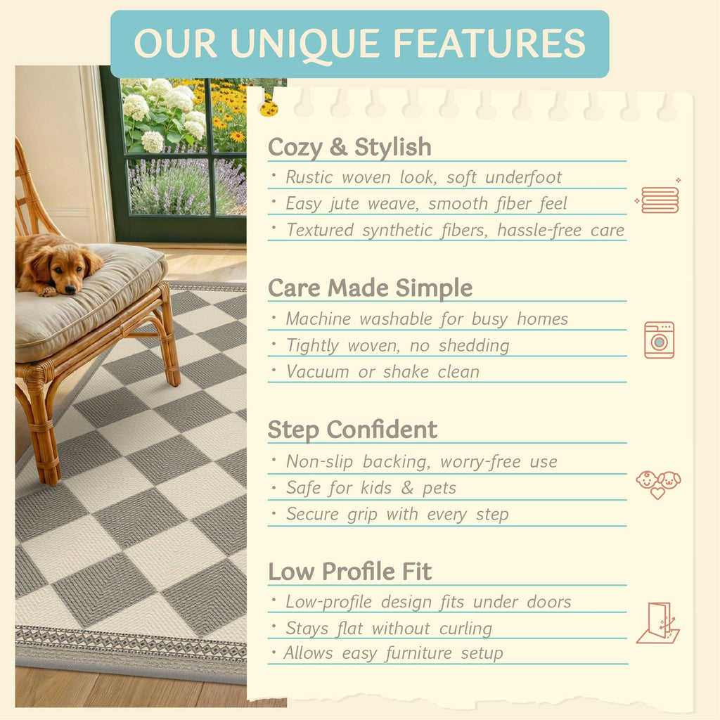 Diamond Corner Easy Jute Rug 4x6, Large Checkered Farmhouse Indoor Outdoor Patio Carpet for Backyard, Porch Decor