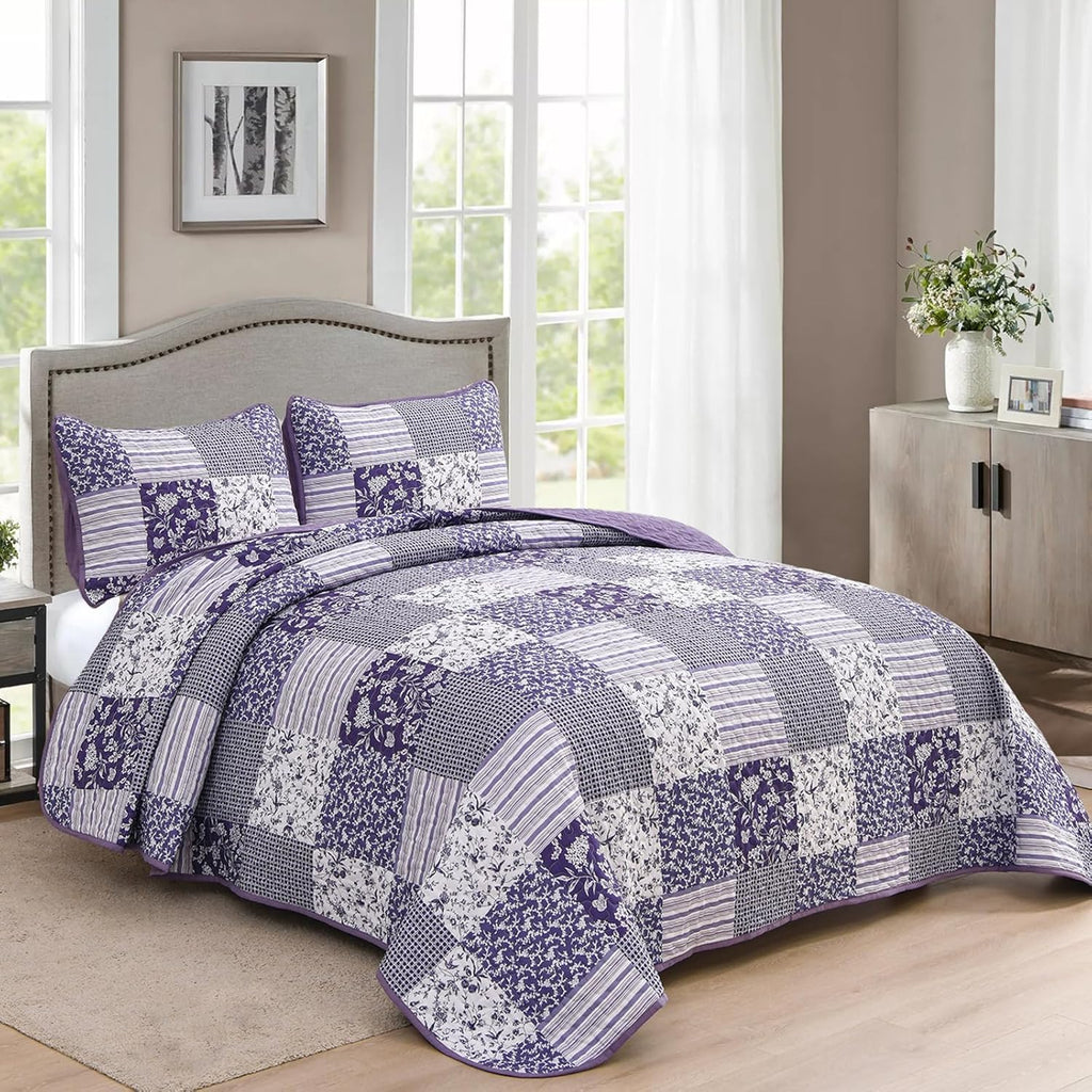 Boho Quilts Queen, Patchwork Reversible Bedding Set, Purple - Set of 3