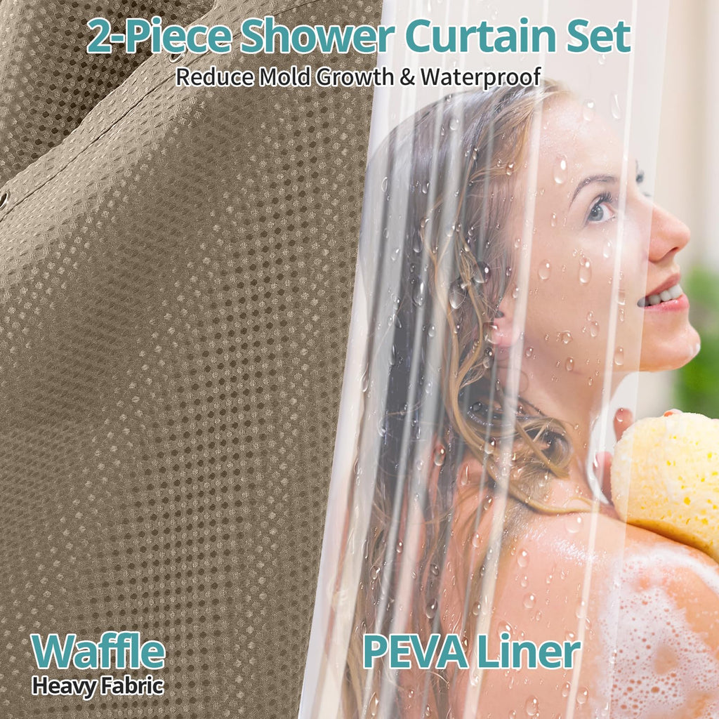 3 in 1 Waffle Shower Curtain & Liner Set, 258 GSM Heavy Duty Fabric, 12 Hooks, Weighted Hem, Water Repellent