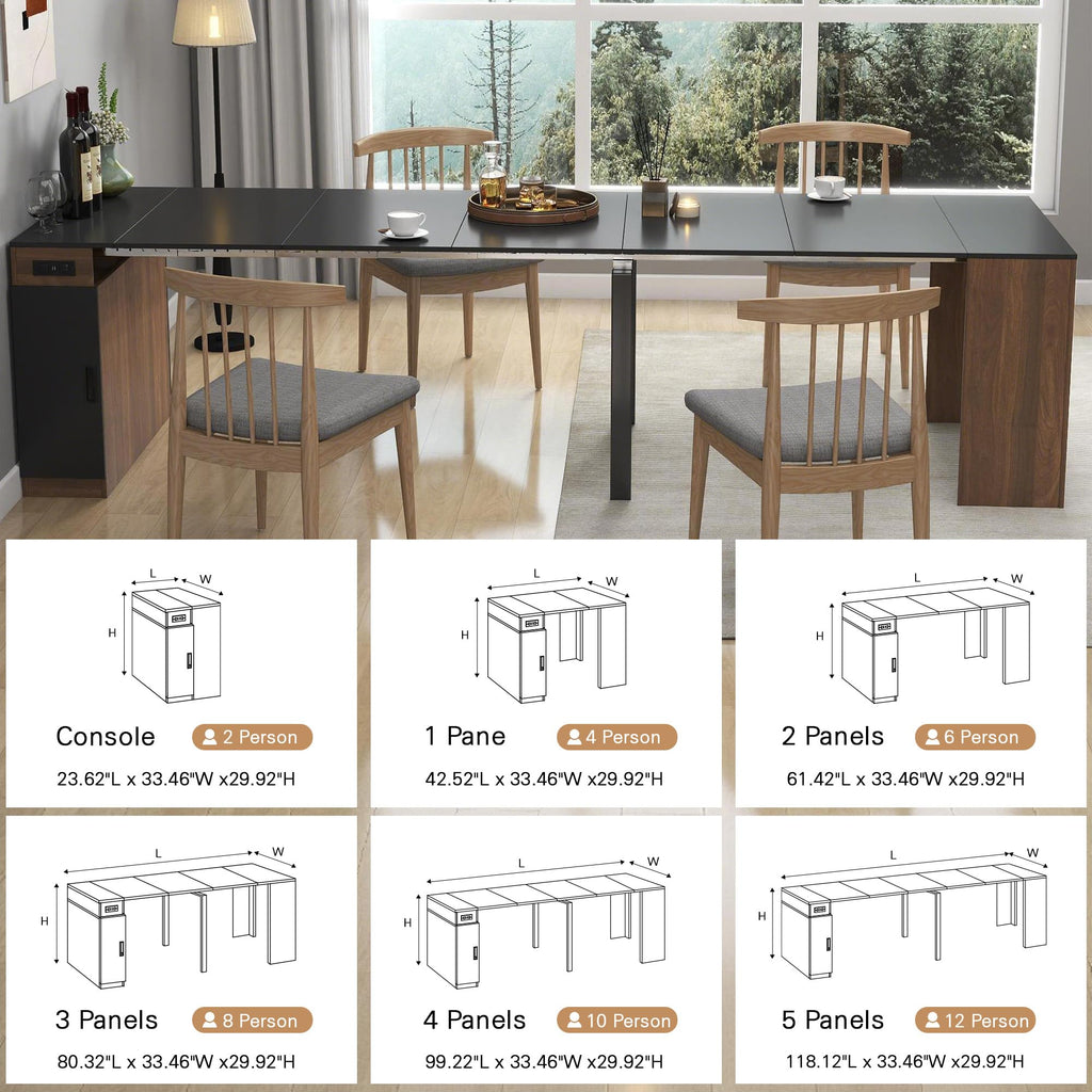 24"-118" Extendable Dining Room Table with Storage and Outlet, Walnut&Black