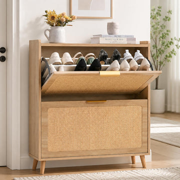 Shoe Cabinet, Rattan Shoe Storage Cabinet with Flip Drawers