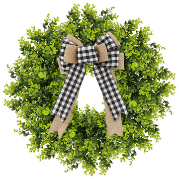 28" Large Boxwood Wreath, All Season Wreaths for Front Door Greenery Wreath with Fabric Plaid Bow for Wall Window