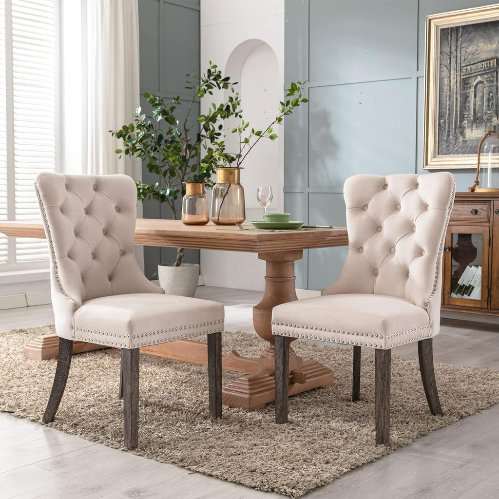 KCC Velvet Dining Chairs Set of 2, Upholstered High-end Tufted Dining Room Chair with Nailhead Back Ring Pull Trim