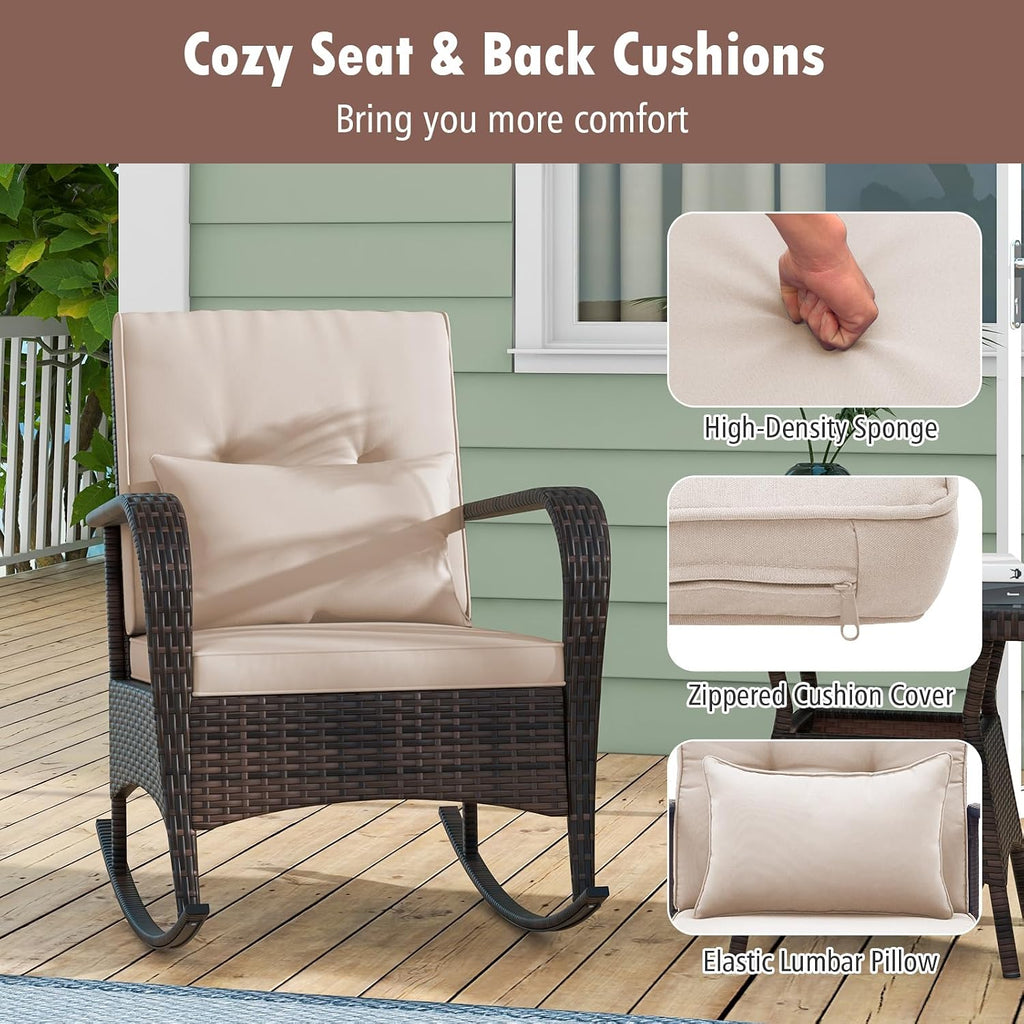 Outdoor Rocking Chairs Set of 2, 3 Piece PE Wicker Patio Bistro Set | Coffee Table & Thick Cushions, Rattan Patio
