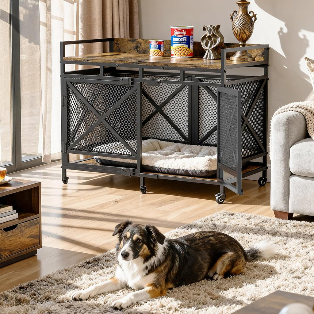 Dog Crate Furniture with Wheels, Brown